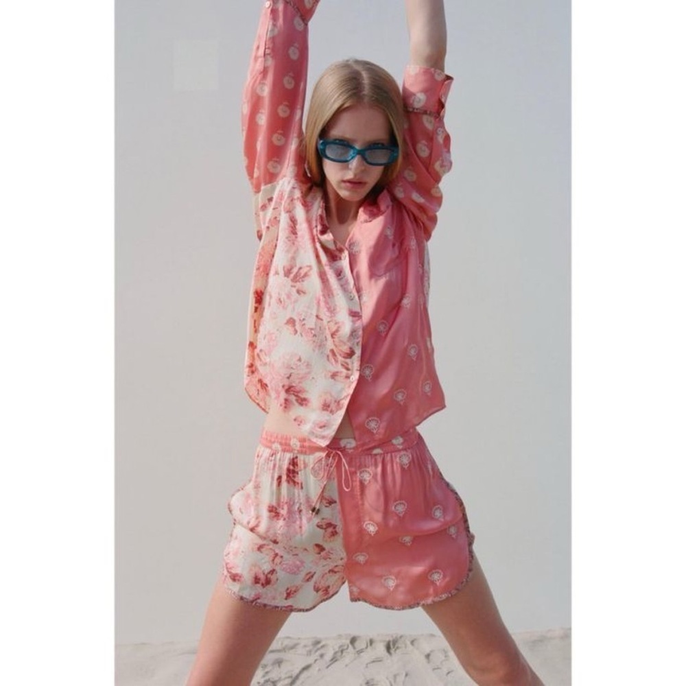 SET ZARA Silia Floral Printed Embroidered Silky Drawstring Short Blouse Set XS - Picture 12 of 13